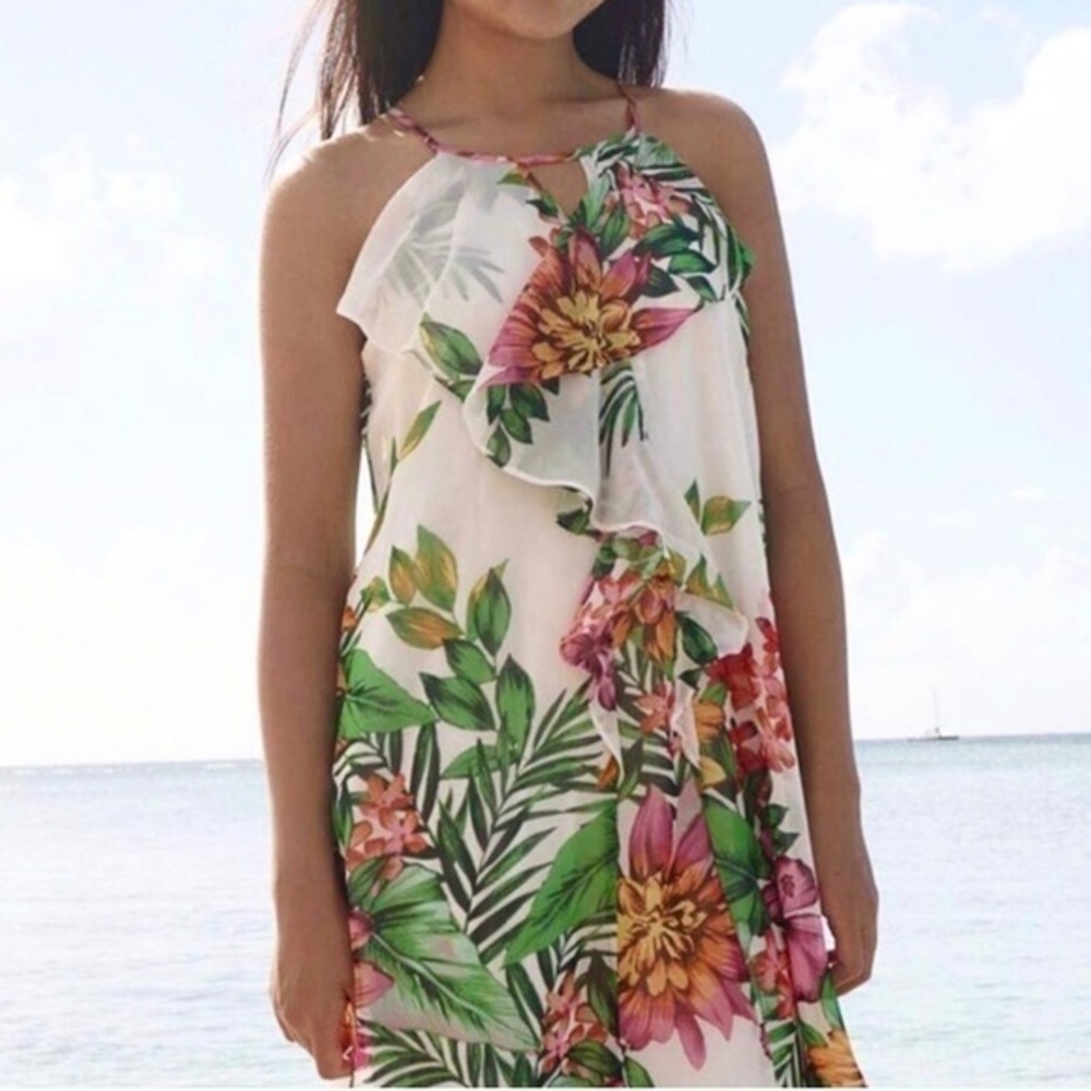 City Studios White Floral Hawaiian Ruffle Mini Dress NWT XS #2019